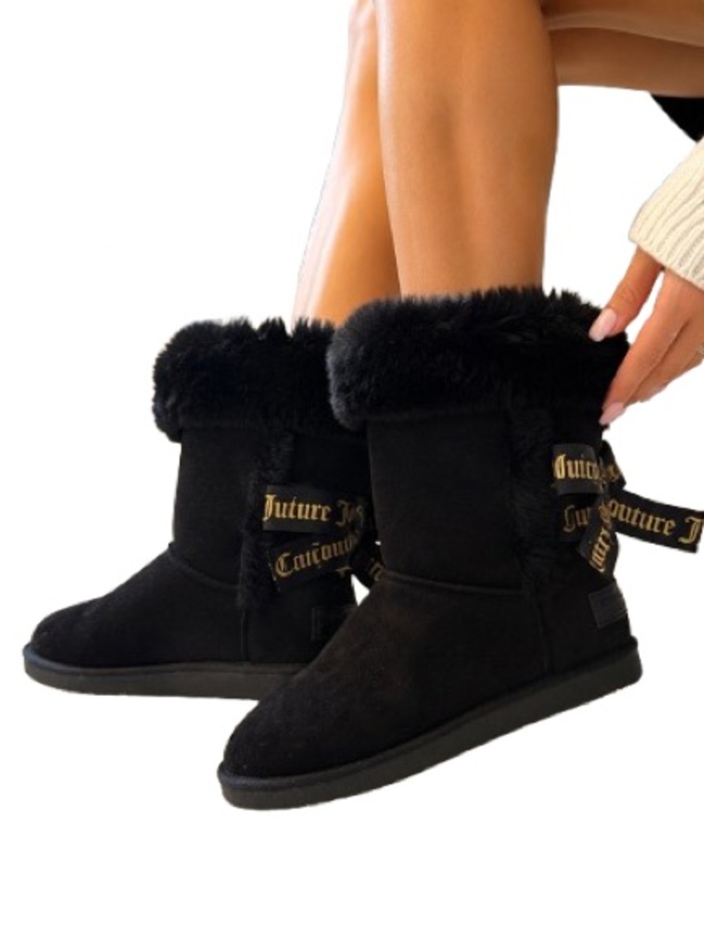 Juicy Couture Black Faux Fur Bow Winter Boots Womens Size 6 Y2K Cozy